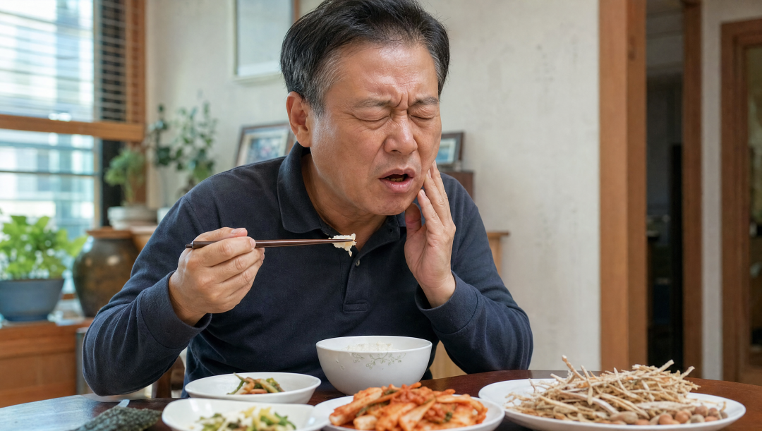 식사 도중 어금니에 순간적인 통증을 느껴 볼을 감싸는 50대 한국인 남성