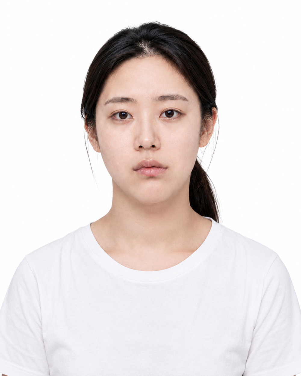 턱끝이 한쪽으로 치우친 안면비대칭 양상을 보여주는 여성 모델 정면 이미지